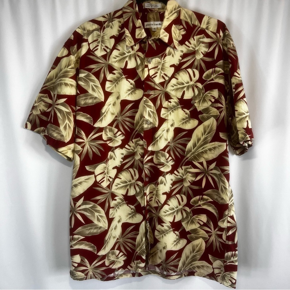 VINTAGE Pierre Cardin Shirt Mens M Hawaiian Flowy Relax Men's Red and Cream